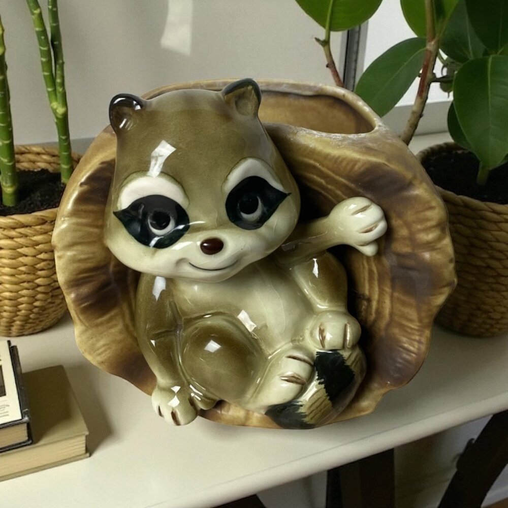 Relpo Raccoon in Log Planter #57834 Vintage Japan Ceramic Woodland Decor